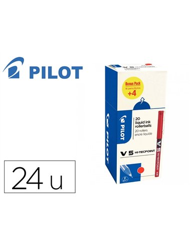 Pack roller pilot v5 pointe aiguille 0.5 mm avec regulateur d encre 16 + 4 offerts coloris rouge.
