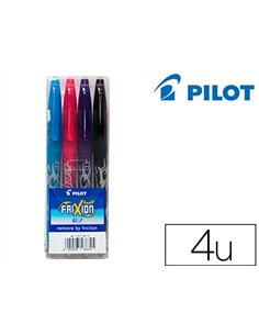 Roller pilot frixion bal pointe moyenne 0,7mm encre effaçable étui chevalet résistant 4 unités noir bleu rouge vert.