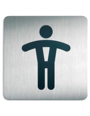 Plaque pictogramme durable wc homme carré grand format acier brossé inoxydable pastille adhésive au dos 150x150mm