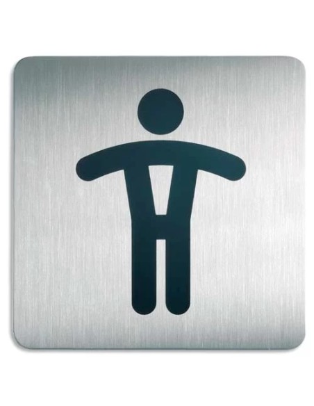 Plaque pictogramme durable wc homme carré grand format acier brossé inoxydable pastille adhésive au dos 150x150mm