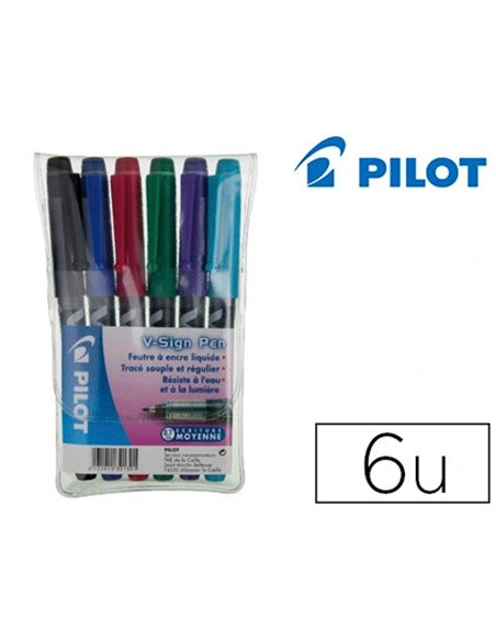 Stylo-feutre pilot v sign pen écriture moyenne 0.6mm pointe fibre polyester encre intense liquide pochette 6 unités.
