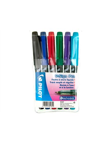 Stylo-feutre pilot v sign pen écriture moyenne 0.6mm pointe fibre polyester encre intense liquide pochette 6 unités.