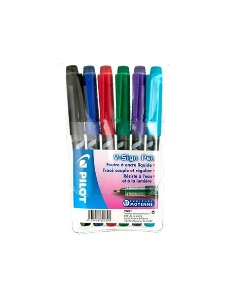 Stylo-feutre pilot v sign pen écriture moyenne 0.6mm pointe fibre polyester encre intense liquide pochette 6 unités.