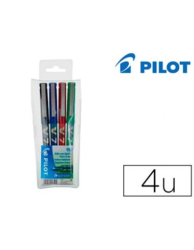 Stylo pilot v7 écriture moyenne 0.5mm clip métal encre liquide niveau visible pointe indéformable pochette 4 unités.