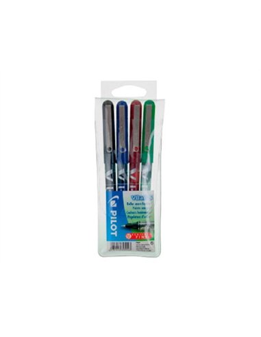 Roller pilot vball 5 écriture fine 0.3mm encre liquide niveau visible régulateur débit clip métal pochette 4 unités.