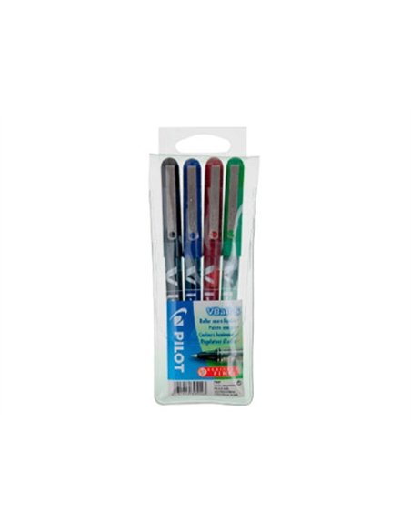 Roller pilot vball 5 écriture fine 0.3mm encre liquide niveau visible régulateur débit clip métal pochette 4 unités.
