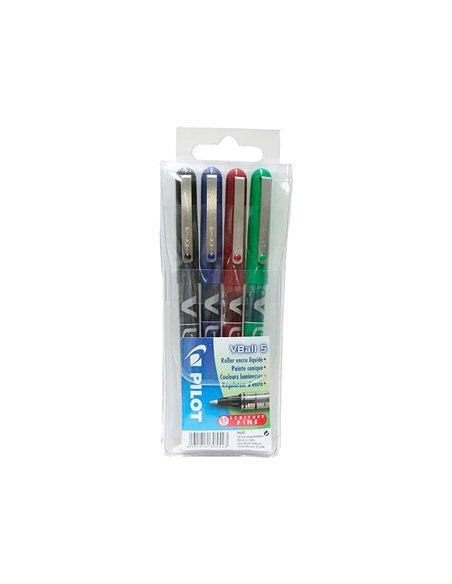 Roller pilot vball 5 écriture fine 0.3mm encre liquide niveau visible régulateur débit clip métal pochette 4 unités.