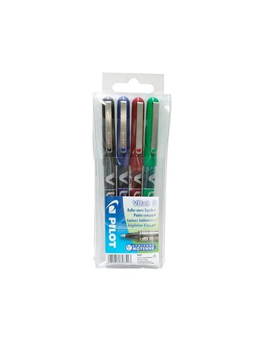 Roller pilot vball 7 écriture moyenne 0.5mm encre liquide niveau visible régulateur débit clip métal pochette 4 unités.