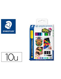 Marqueur staedtler permanent dry safe lumocolor 317 pointe moyenne 1mm coloris assrotis etui de 10 feutres.