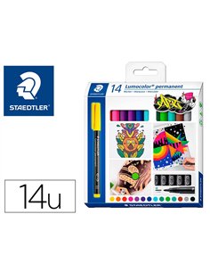 Marqueur staedtler permanent dry safe lumocolor 317 pointe moyenne 1mm coloris assrotis etui de 14 feutres.