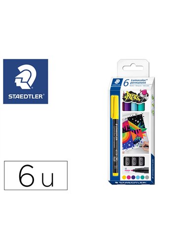Marqueur staedtler permanent dry safe lumocolor 317 pointe moyenne 1mm coloris assrotis etui de 6 feutres.