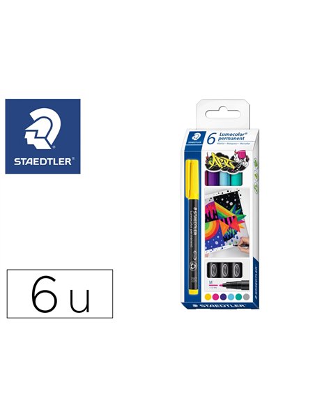 Marqueur staedtler permanent dry safe lumocolor 317 pointe moyenne 1mm coloris assrotis etui de 6 feutres.