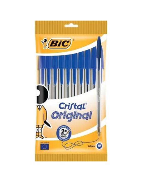 Lot de 10 stylos à bille Bic Cristal Original - Pointe ronde 1,0 mm - Trait 0,4 mm - Encre à base d'huile - Bleu