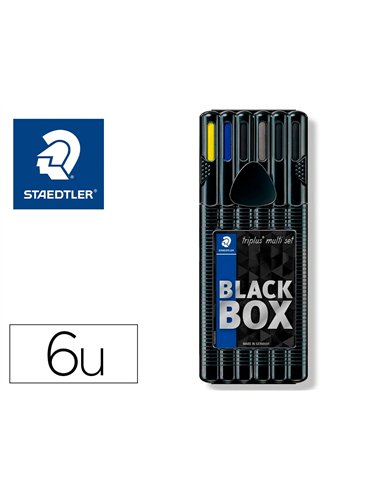 Etui staedtler triplus set 6 unites 2 feutres 1 bleu 1 noir 1 roller noir 1 stylo bleu 1 porte-mine hb et 1 surligneur.