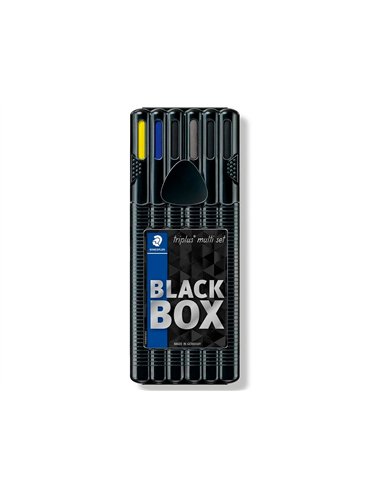 Etui staedtler triplus set 6 unites 2 feutres 1 bleu 1 noir 1 roller noir 1 stylo bleu 1 porte-mine hb et 1 surligneur.