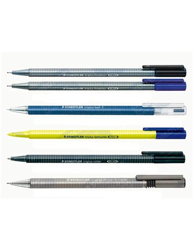 Etui staedtler triplus set 6 unites 2 feutres 1 bleu 1 noir 1 roller noir 1 stylo bleu 1 porte-mine hb et 1 surligneur.