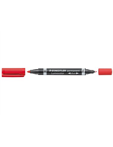 Marqueur staedtler permanent lumocolor duo multi-usages double pointe 0.6 et 1.5mm encre dry safe rouge.
