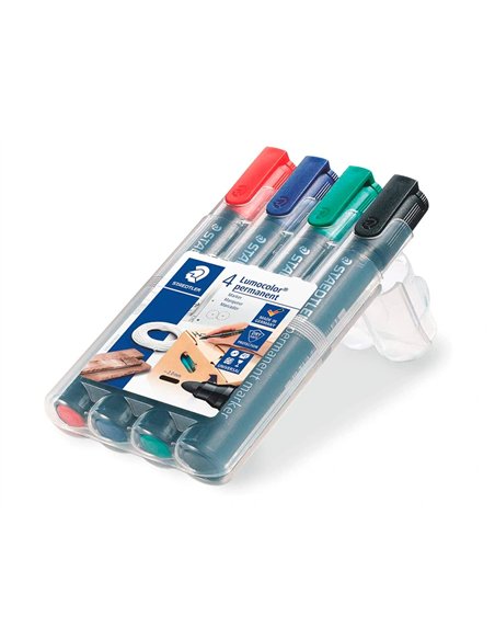 Marqueur staedtler permanent dry safe 352 lumocolor pointe ogive 2mm assortie etui de 4.