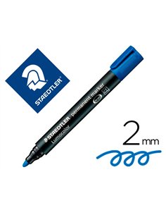 Marqueur staedtler permanent dry safe lumocolor pointe ogive rechargeable résistant eau corps noir encre bleue.