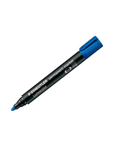 Marqueur staedtler permanent dry safe lumocolor pointe ogive rechargeable résistant eau corps noir encre bleue.