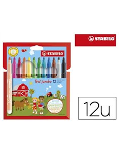 Feutre coloriage stabilo trio jumbo pointe xxl bloquée grip triangulaire couleurs assorties étui carton 12 unités.