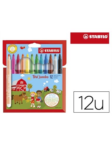 Feutre coloriage stabilo trio jumbo pointe xxl bloquée grip triangulaire couleurs assorties étui carton 12 unités.