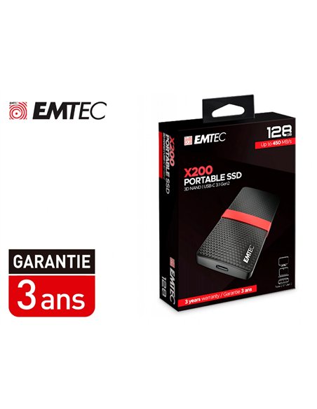 Disque dur ssd portable emtec x200 power plus usb-c 3.1 gen1 transfert haute vitesse grande capacite de stockage 128gb.