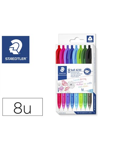 Stylo-bille staedtler ball 4230 m triangulaire retractable ergonomique pointe moyenne coloris assortis boite 8 unites.