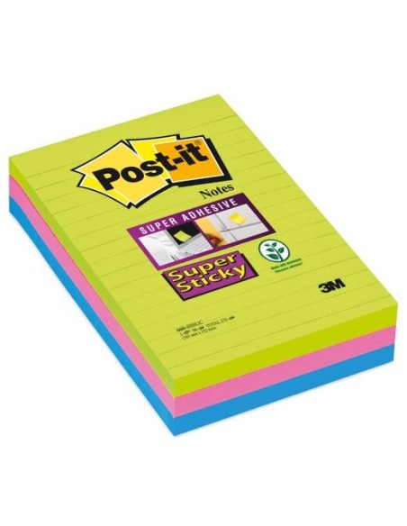 Bloc-notes post-it super sticky grand format 101x152mm 90f lignées adhésif renforcé vert néon/fuschia/bleu 3 blocs