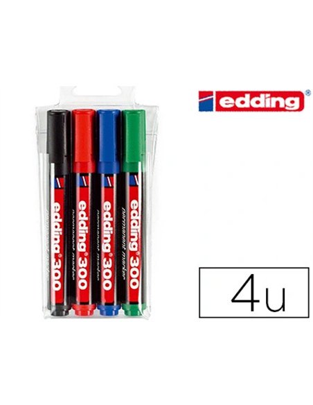 Marqueur edding permanent e300 pointe ogive tracé 1.5/3mm corps plastique pochette 4 unités assorties.
