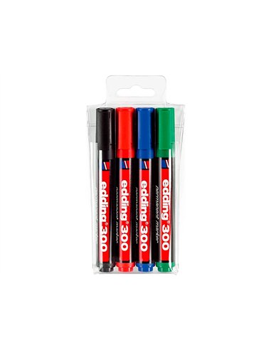Marqueur edding permanent e300 pointe ogive tracé 1.5/3mm corps plastique pochette 4 unités assorties.