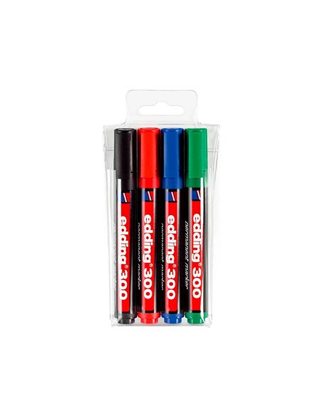 Marqueur edding permanent e300 pointe ogive tracé 1.5/3mm corps plastique pochette 4 unités assorties.