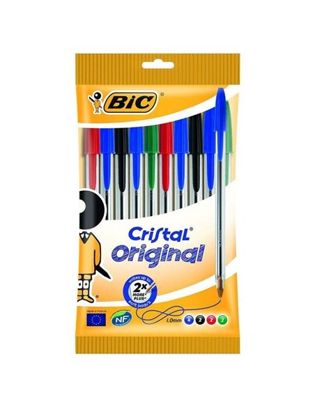 Lot de 10 stylos à bille Bic Cristal Original - Pointe ronde 1,0 mm - Trait 0,4 mm - Encre à l'huile - Couleurs assorties