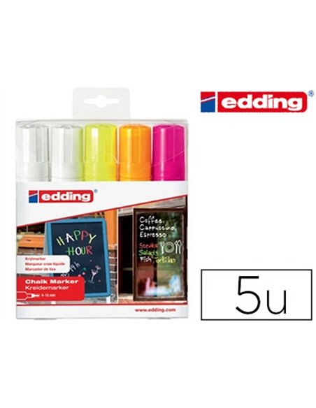 Marqueur edding craie liquide e4090 fenêtre ardoise verre pointe biseautée tracé 4/15mm assortis fluor pochette 5 unités.