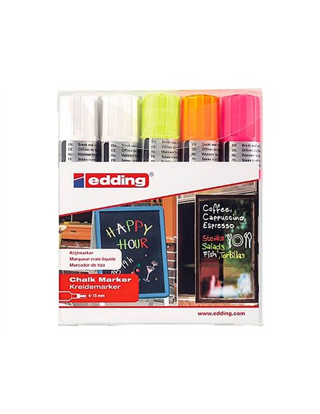Marqueur edding craie liquide e4090 fenêtre ardoise verre pointe biseautée tracé 4/15mm assortis fluor pochette 5 unités.