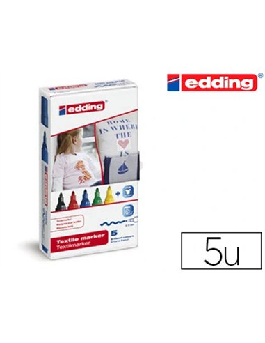 Marqueur textile edding e4500 pointe moyenne tracé 2/3mm indélébile 60 degrés séchage rapide étui 5 unités.