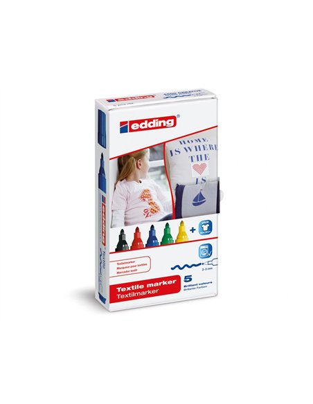 Marqueur textile edding e4500 pointe moyenne tracé 2/3mm indélébile 60 degrés séchage rapide étui 5 unités.