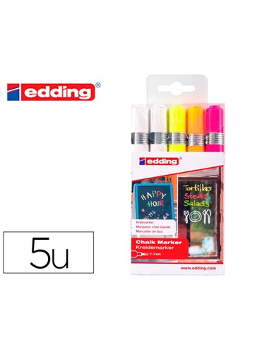 Marqueur edding craie liquide e4095 fenêtre ardoise verre pointe ogive 2 á 3mm assortis fluor pochette 5 unités.