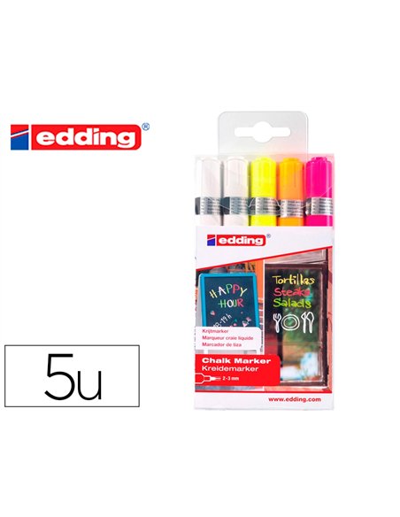 Marqueur edding craie liquide e4095 fenêtre ardoise verre pointe ogive 2 á 3mm assortis fluor pochette 5 unités.