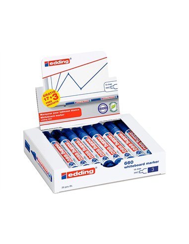 Marqueur edding e-660 tableaux blancs effacable a sec pointe moyenne trace 1,5/3mm bleu pack 17 + 3.