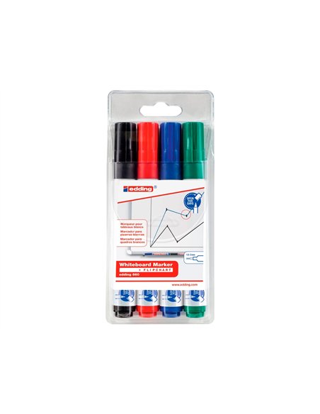 Marqueur edding e660 tableau blanc rechargeable pointe ogive tracé 1.5/3mm encre cap-off non toxique pochette 4 unités.