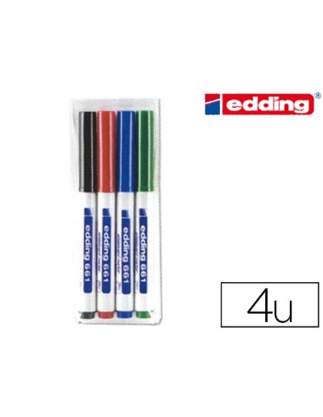 Marqueur edding e661 tableau blanc pointe fine ogive 1/2mm résistante encre cap-off faible odeur pochette 4 unités.