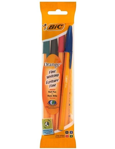 Lot de 4 stylos à bille Bic Orange Original Fine - Pointe ronde 0,8 mm - Trait 0,3 mm - Encre à l'huile - Corps orange - Couleur