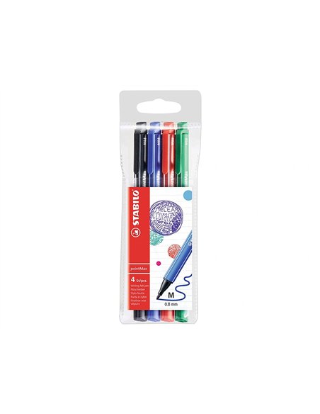 Stylo-feutre stabilo pointmax coloris noir bleu vert rouge pochette de 4 unités.