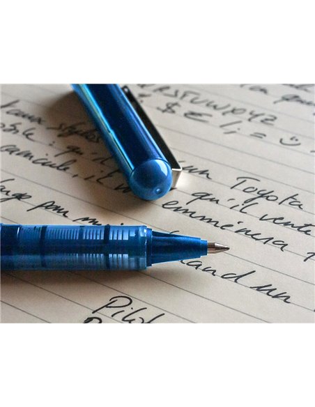 Roller pilot vball 5 écriture fine 0.3mm encre liquide niveau visible régulateur débit clip métal coloris bleu.