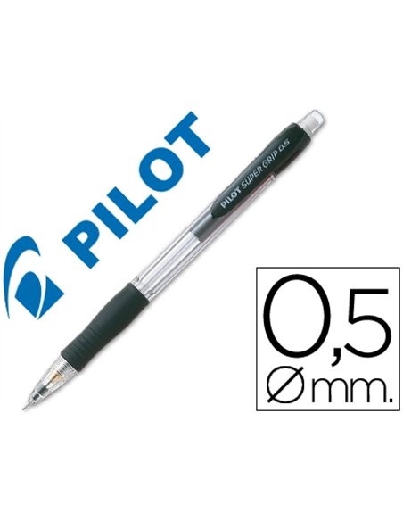 Porte-mine pilot super grip 0.5mm avance automatique canon rentrant grip caoutchouc corps ergonomique coloris noir.