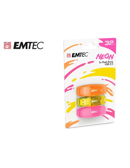 Cle usb emtec 2.0 c410 trio 32gb pack 3 coloris neon orange jaune rose.