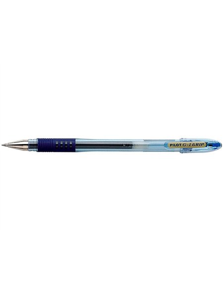 Stylo-bille pilot g1 grip écriture moyenne 0.5mm encre gel rechargeable corps translucide grip caoutchouc bleu.