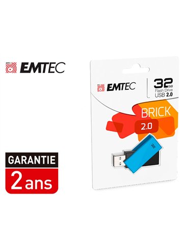 Cle usb emtec 2.0 c350 brick pivotante 32gb vitesse lecture 15mbs ecriture mb/s coloris bleu.