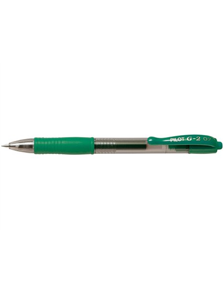 Roller pilot g2 7 ecriture moyenne 0.4mm encre gel retractable rechargeable corps translucide grip caoutchouc vert.